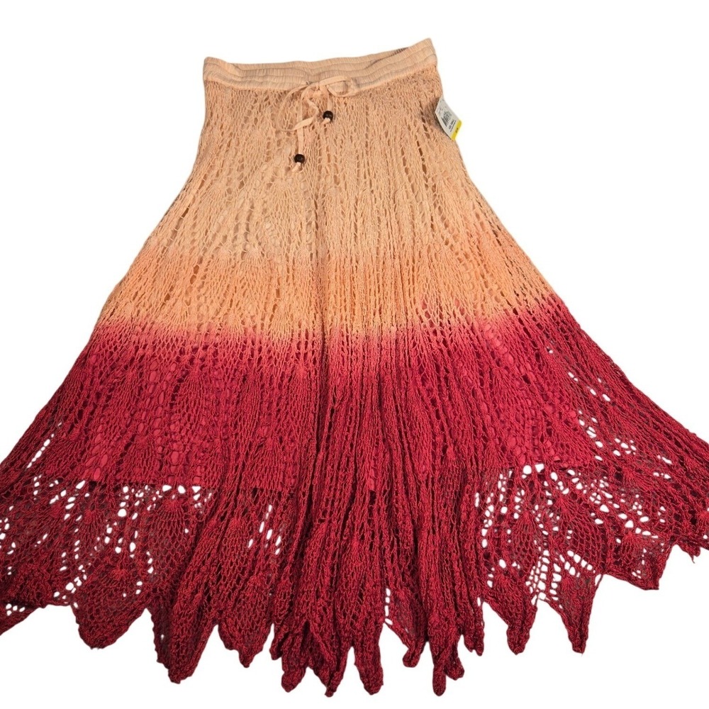 JW Style Women Peach Pink Ombre Crochet Maxi Skrt Cotton Boho Handkerchief Hem S - Picture 2 of 7